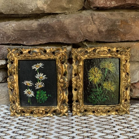 VTG 4 Floral Original Oil Paintings Gold Frames Black Philippa Connolly 1970 - Picture 15 of 16